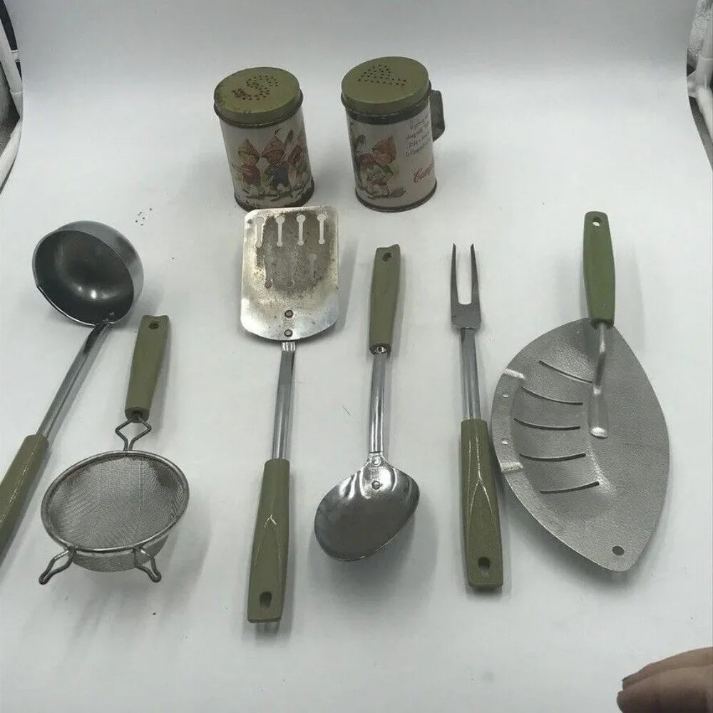 Vintage Chromium Plated Ekco USA Kitchen Utensil Lot Avocado Green Campbells S&P